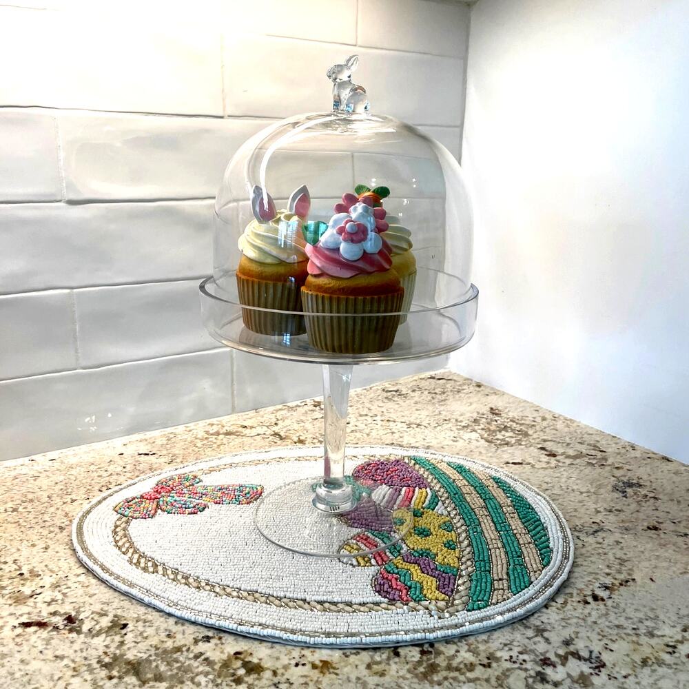 Bunny Blvd Glass Cloche 14in Bunny Cake Dome Pedestal Easter Decor New